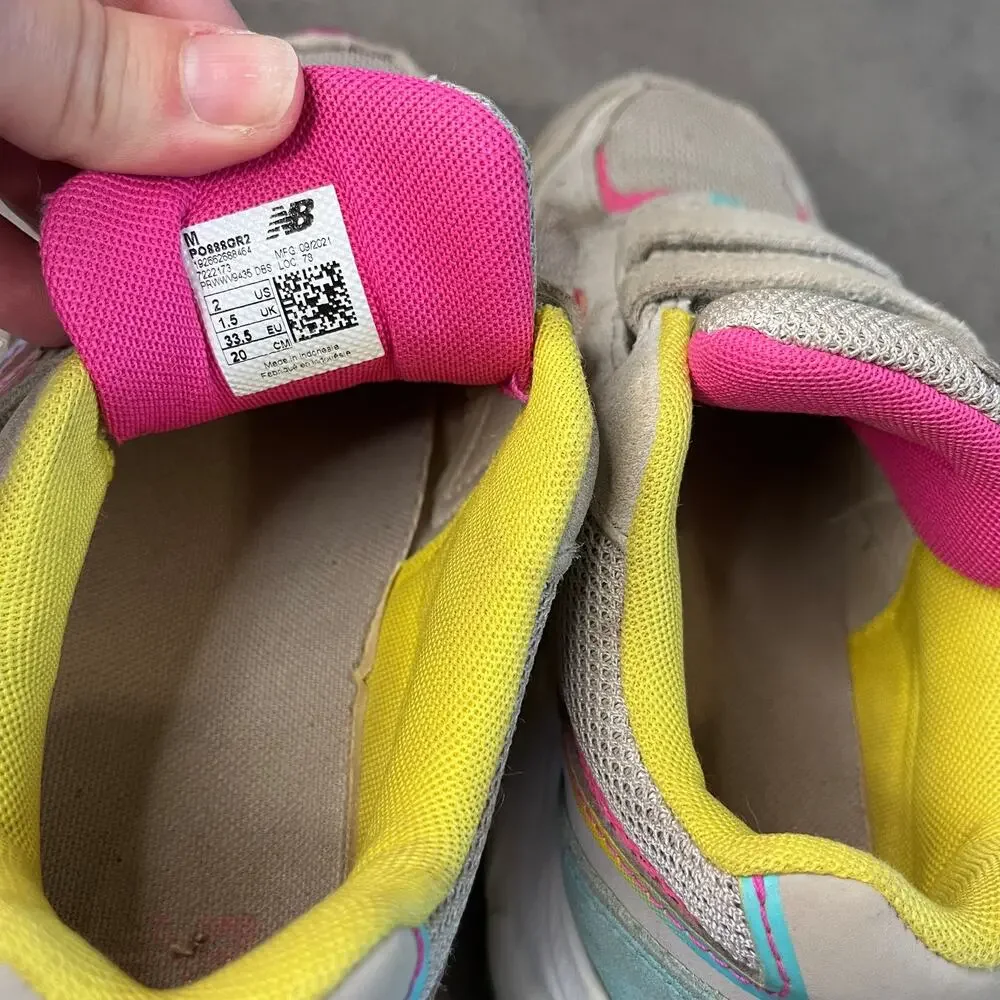 New Balance Gray pink yellow suede no lace sneakers Youth girls 2 athletic shoes